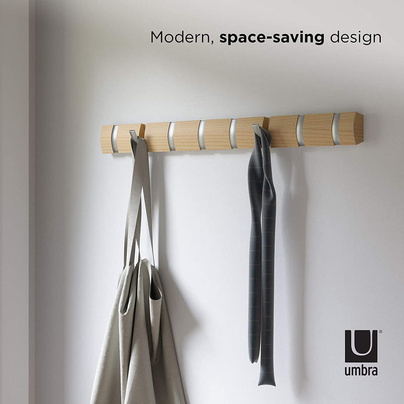 Umbra Flip 8 Wall Mounted Floating Rack – Modern, Sleek, Space-Saving Hanger with Retractable Hooks to Hang Coats, Scarves, Purses, Natural/Nickel