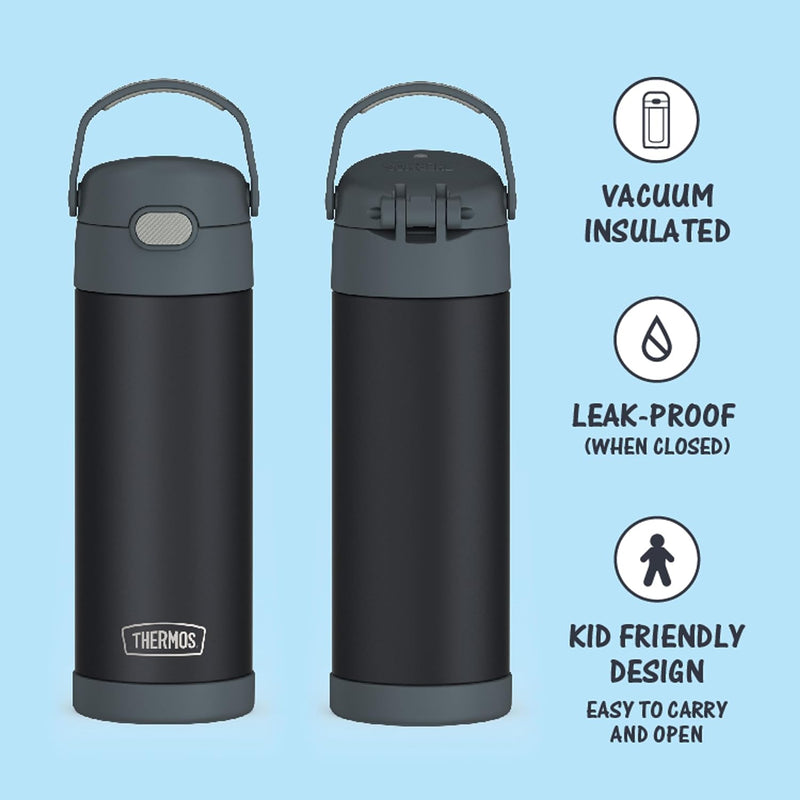 THERMOS FUNTAINER 16 Ounce Stainless Steel Vacuum Insulated Bottle with Wide Spout Lid, Matte Charcoal