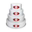 Fat Daddio's 4-piece round cake pan set with 3-inch depth, made of anodized aluminum, displayed stacked on a white background.