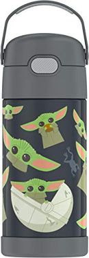 THERMOS FUNTAINER 12-ounce stainless steel water bottle with Mandalorian design, featuring a covered straw and carry handle, shown on a white background.
