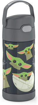 THERMOS FUNTAINER 12-ounce stainless steel water bottle with Mandalorian design, featuring a covered straw and carry handle, shown on a white background.