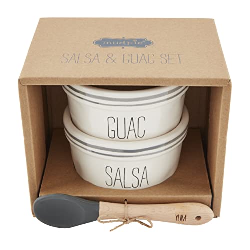 Mud Pie Bistro Salsa and Guac Set, ramekin 2 1/2" x 4" dia | spoon 5", WHITE