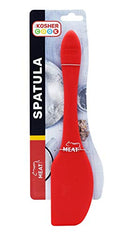 A flexible, solid red silicone spatula clearly marked with a "MEAT" symbol, shown in its packaging.