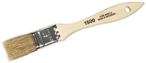 1-inch paintbrush with pure bristles and a wooden handle, labeled '1500' and 'Made in Indonesia.' Ideal for painting, staining, and finishing projects.