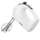 White electric hand mixer with two chrome beaters, showing its 150 watts of power, 5 variable speed settings with a slide control, and a beater eject button.