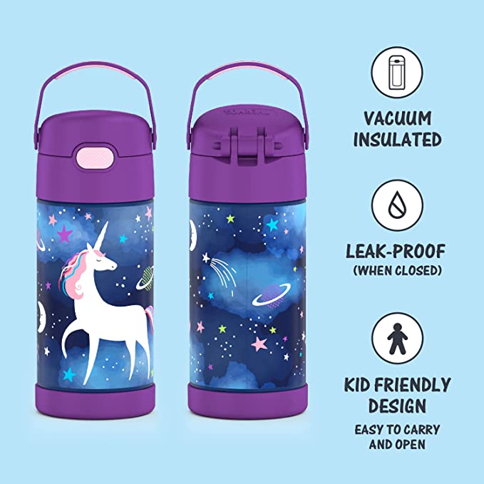 THERMOS FUNTAINER 12 Ounce Stainless Steel Vacuum Insulated Kids Straw Bottle, Space Unicorn