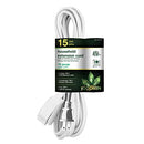 White 15-foot indoor extension cord with 3 two-prong outlets and safety covers, laid out on a white background.