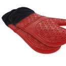 Elbee Home heat-resistant oven mitts in red silicone with extended black fabric cuffs for forearm protection and an easy-clean, non-slip grip.