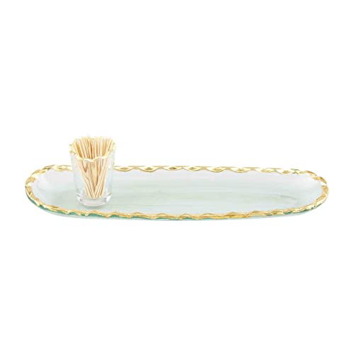 Mud Pie Gold Glass Toothpick Tray Set, tray 4" x 12" | caddy 2 1/4" x 1 1/2"