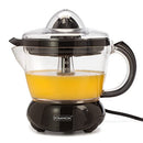 Black Dominion electric citrus juicer with 40oz container, handle, and two juicing cones, shown on a white background.