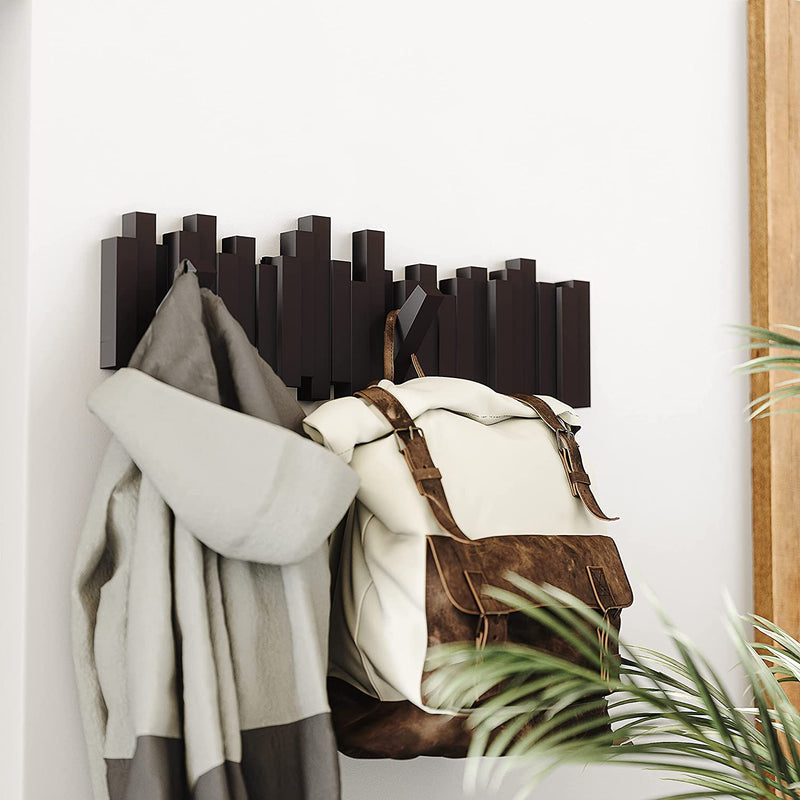Umbra Sticks Multi Rack – Modern, Unique, Space-Saving Hanger with 5 Flip-Down Hooks for Hanging Coats, Scarves, Purses and More, Brown