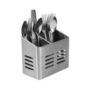 Silver stainless steel dual-compartment utensil holder with draining holes, shown standing upright on a white background.