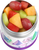 Frozen 2-themed THERMOS FUNtainer 10oz stainless steel kids food jar with fresh fruits, displayed on a white background.