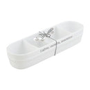 A long, white, rectangular ceramic serving dish with four compartments. It has a beaded rim and comes tied with two small, silver metal spoons.