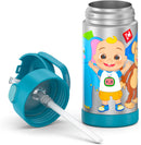Cocomelon-themed THERMOS FUNtainer 12oz stainless steel kids straw bottle with a soft-touch carry handle, displayed on a white background.