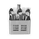 Silver stainless steel dual-compartment utensil holder with draining holes, shown standing upright on a white background.