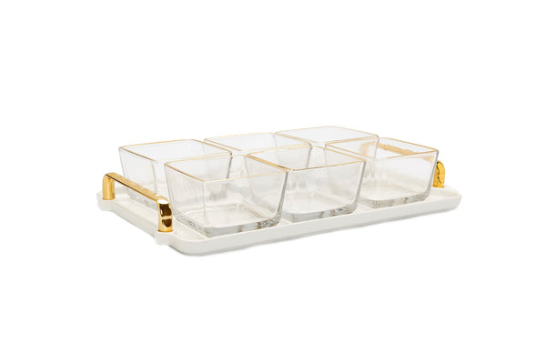 6 Glass Gold Rimmed Serving Bowls with White Tray
