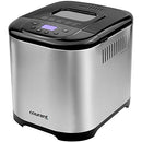 Courant automatic bread maker with a brushed stainless steel body, black accents, and a top-hinged black lid featuring a small digital screen, labeled control buttons, and a vented design.