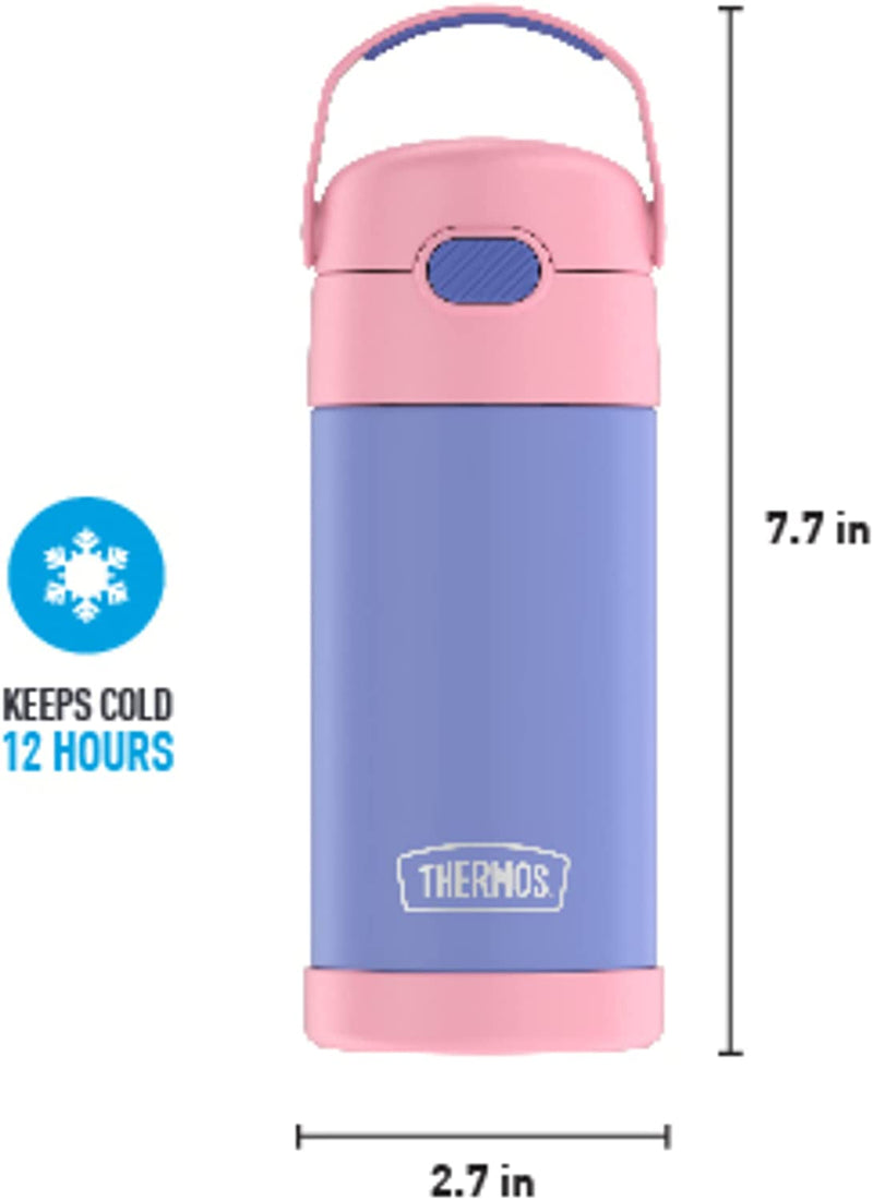 THERMOS FUNTAINER 12 Ounce Stainless Steel Vacuum Insulated Kids Straw Bottle, Purple/Pink