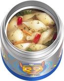 Paw Patrol themed 10oz Thermos FUNtainer insulated food jar filled with macaroni soup on a white background.
