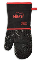 A black oven mitt with red trim labeled for meat use, featuring a quilted design and silicone grip.