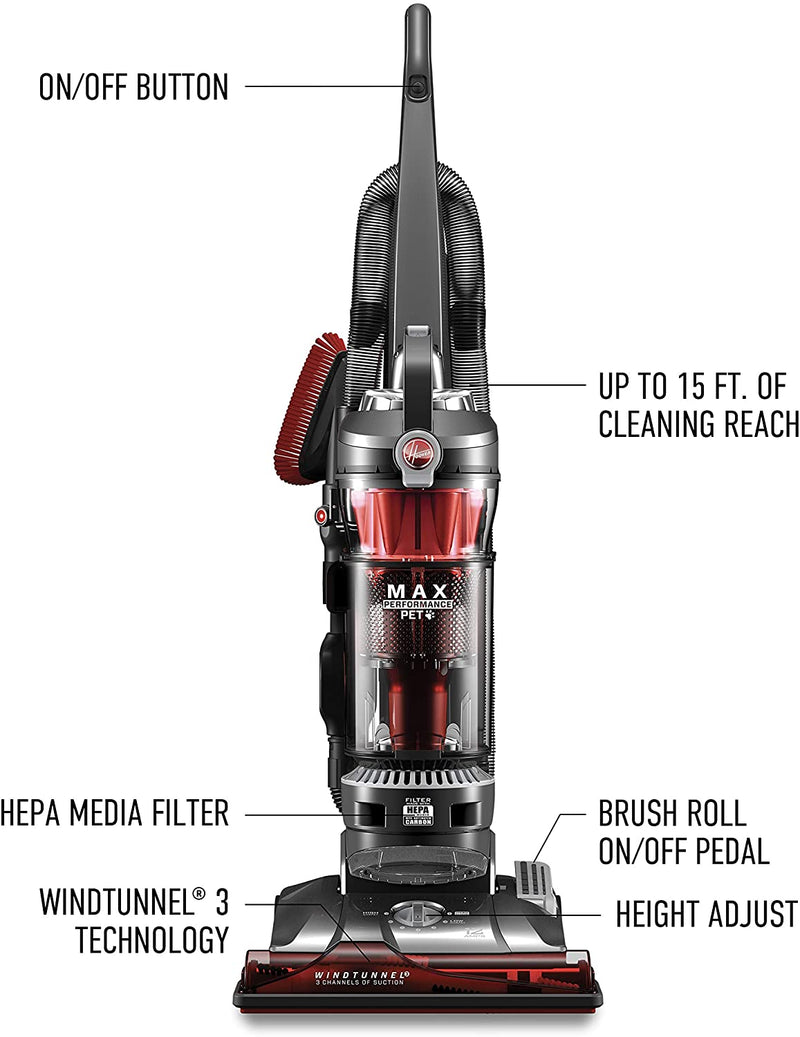 Hoover WindTunnel 3 Max Performance Pet, Bagless Upright Vacuum Cleaner, HEPA Media Filtration, For Carpet and Hard Floor, UH72625, Red