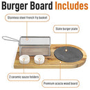 Yukon Glory Burger Serving Set, featuring a wooden board with a metal fry basket, two ceramic ramekins for sauces, and a burger on a round black coaster.