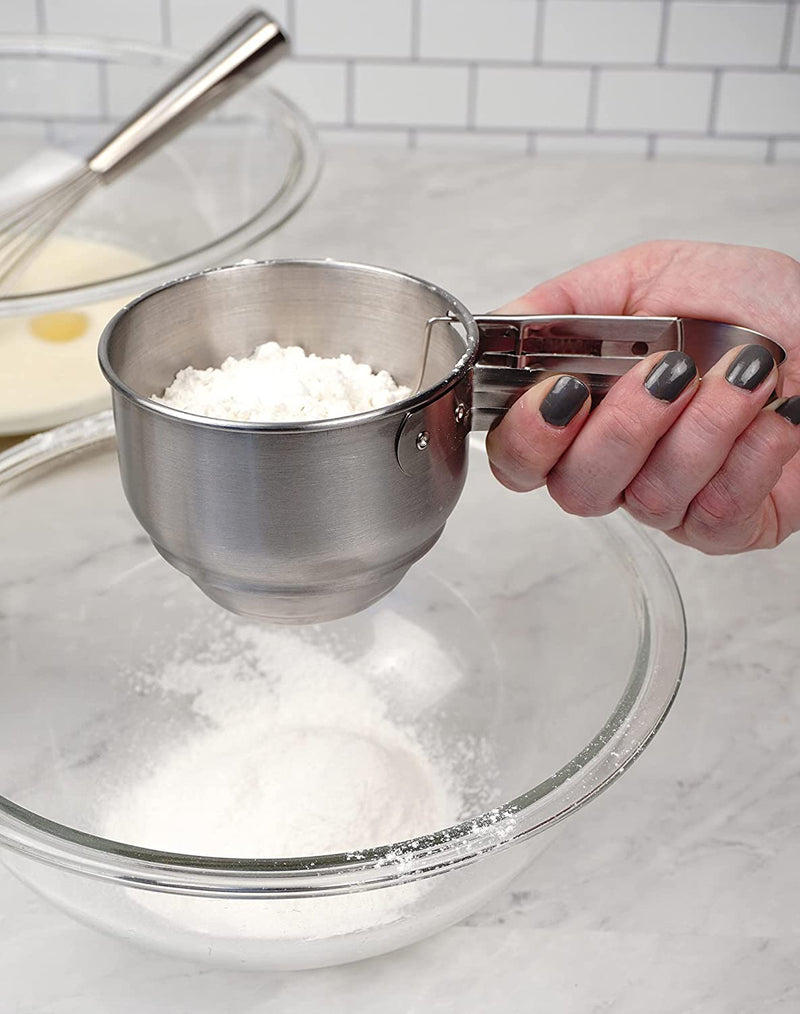 RSVP International Endurance® Stainless Steel Vintage One-Hand Sifter, 1 Cup | Top Cakes, Sift Flour, Marinade BBQ & More | Dishwasher Safe | Powder Sugar, Sift Flour, Spread Toppings & More