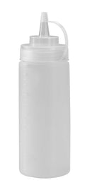 Transparent plastic squeeze bottle with a pointed nozzle and a secure screw-on cap. Ideal for dispensing sauces, condiments, oils, or decorating desserts.