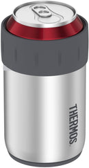 A short, silver stainless steel beverage insulator (coozie) with a removable gray rubber collar/gasket at the top. The Thermos logo is vertical on the side.