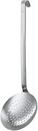 Rosle Hooked Skimmer made from stainless steel, ideal for draining and lifting foods from liquids, with a convenient hanging hook.