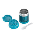 THERMOS FUNTAINER 10-ounce teal kids food jar with folding spoon and push-button lid, displayed on a white background.