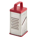 Rachael Ray stainless steel box grater in red with a contoured handle , shown on a white background.