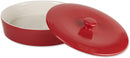 A round, red stoneware tortilla warmer with a ribbed texture, a matching lid, and a small round knob handle.