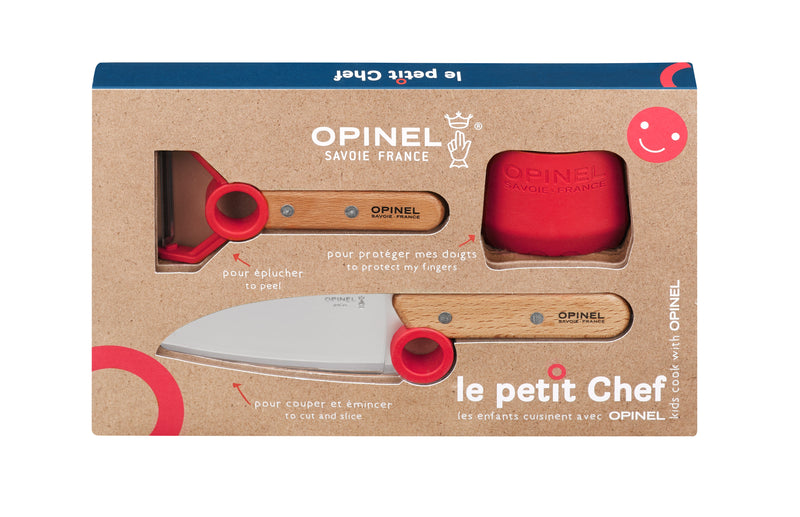Opinel Le Petit Chef Complete 3 Piece Kitchen Set, Chef Knife with Rounded Tip, Fingers Guard, Peeler, For Children and Teaching Food Prep and Kitchen Safety, Made in France