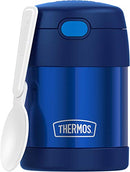 THERMOS FUNTAINER 10-ounce navy kids food jar with push-button lid and foldable spoon, displayed on a white background.