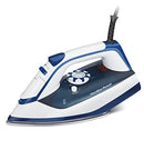 White and blue clothes iron with a stainless steel soleplate.