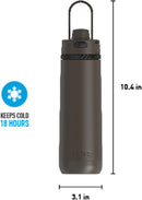 THERMOS Espresso Black Hydration Bottle with carry handle and locking spout, shown with dimensions on white background.