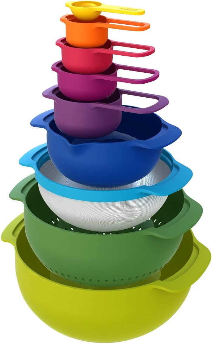 Joseph Joseph 40087 Nest 9 Nesting Bowls Set with Mixing Bowls Measuring Cups Sieve Colander, 9-Piece, Multicolored