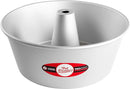 Fat Daddios 10-inch anodized aluminum angel food cake pan with tapered sides, designed for light, fluffy cakes, on a white background.