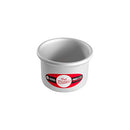 Fat Daddio’s small silver anodized aluminum round cake pan, 4-inch diameter by 3-inch height, displayed on a white background.