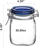 A clear, empty Bormioli Rocco Fido square glass jar with a dark blue hinged lid and wire bail closure, featuring an airtight rubber gasket.