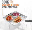 Silver Yukon Glory BBQ 'N Serve 3-Section BBQ Grill Basket with a detachable black handle, designed to keep foods separate while grilling.