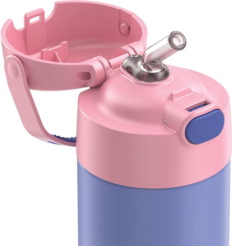 THERMOS FUNTAINER 12 Ounce Stainless Steel Vacuum Insulated Kids Straw Bottle, Purple/Pink