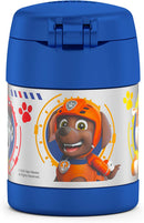Paw Patrol themed 10oz Thermos FUNtainer insulated food jar with foldable spoon inside lid on a white background.