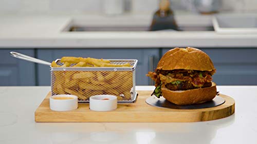 Yukon Glory Burger Serving set, Includes Premium Acacia Wood Board With Slate, Stainless Steel Fry Basket, Porcelain Condiment Cups,