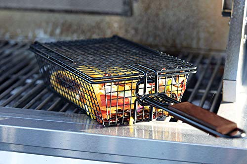 Yukon Glory Premium Grilling Basket, Designed Grill Vegetables, Seafood, Poultry and Meats, Unique Locking Mechanism to Easily Flip Food, Foldable Handle for Compact Storage