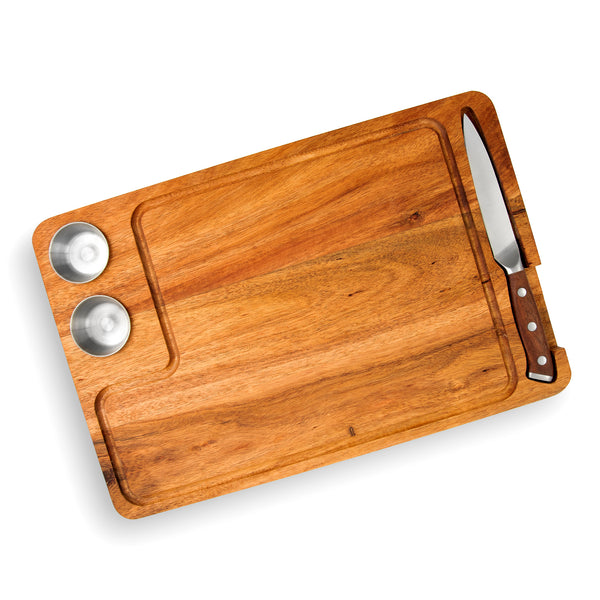 Yukon Glory Premium 100% Acacia Steak Board with Juice Groove, Steak Knife, and Condiment Cups