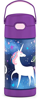 THERMOS FUNTAINER 12-ounce stainless steel kids water bottle with Space Unicorn design, shown with a pop-up straw and carry handle on a white background.