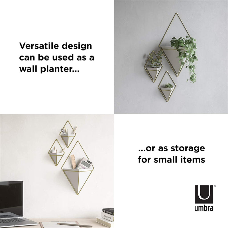 Umbra Trigg Hanging Planter Vase & Geometric Wall Decor Container - Great For Succulent Plants, Air Plant, Mini Cactus, Faux Plants and More, White Ceramic/Brass